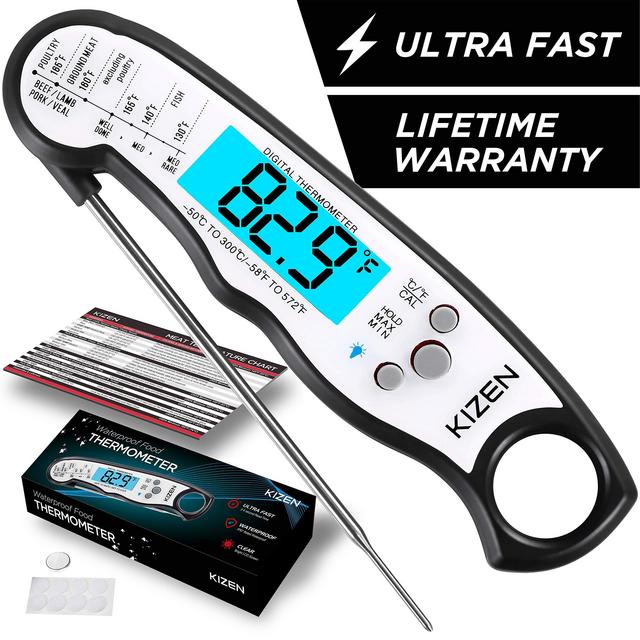 Kizen Instant Read Meat Thermometer - Best Waterproof Ultra Fast Thermometer with Backlight Calibration. Kizen Digital Food Thermometer for Kitchen, Outdoor Cooking, BBQ, and Grill!