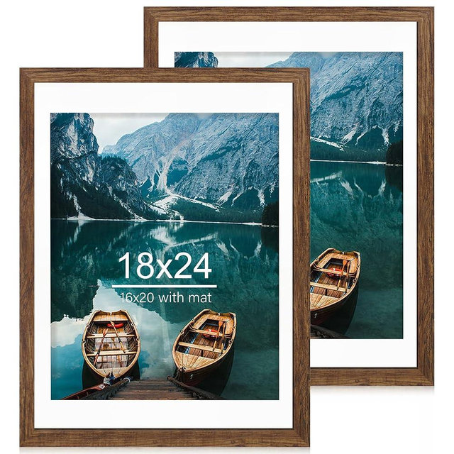 Hongkee 18x24 Frame Set of 2, Rustic Brown Wood Style - Display 18 x 24 Poster without Mat or 16x24 Picture with Mat, Wall Mounting Horizontal and Vertical