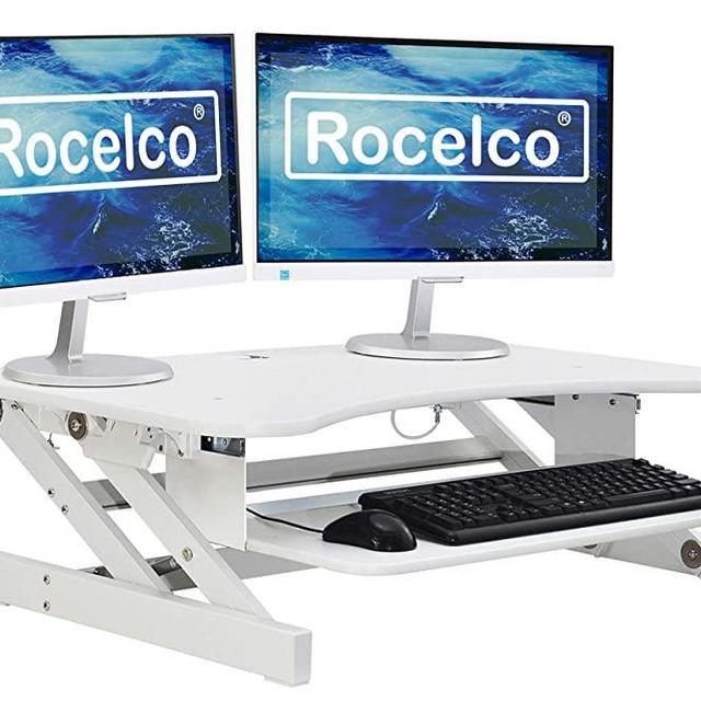 Rocelco 37.5" Deluxe Height Adjustable Standing Desk Converter - Quick Sit Stand Up Dual Monitor Riser - Gas Spring Assist Computer Workstation - Large Retractable Keyboard Tray - White (R DADRW)