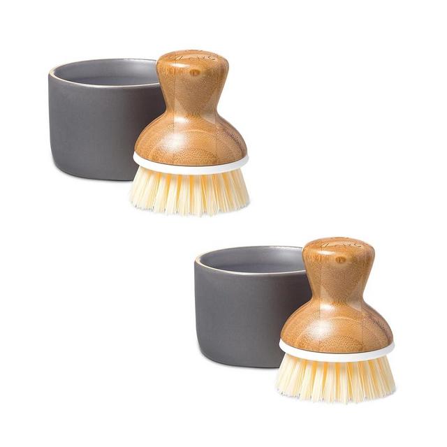 Full Circle Bubble Up- Eco-Friendly Bamboo Dish Brush & Ceramic Soap Dispenser - Natural Scrub Set for Dishes, Cast Iron - Kitchen Cleaning with Handle, Gray - 2 Pack