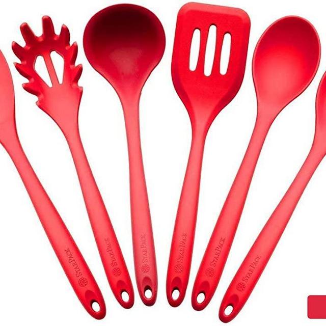 StarPack Premium XL Silicone Kitchen Utensil Set (6 Piece), High Heat Resistant to 600°F, Hygienic One Piece Design, Large Non Stick Spatulas & Serving Utensils - Cherry Red