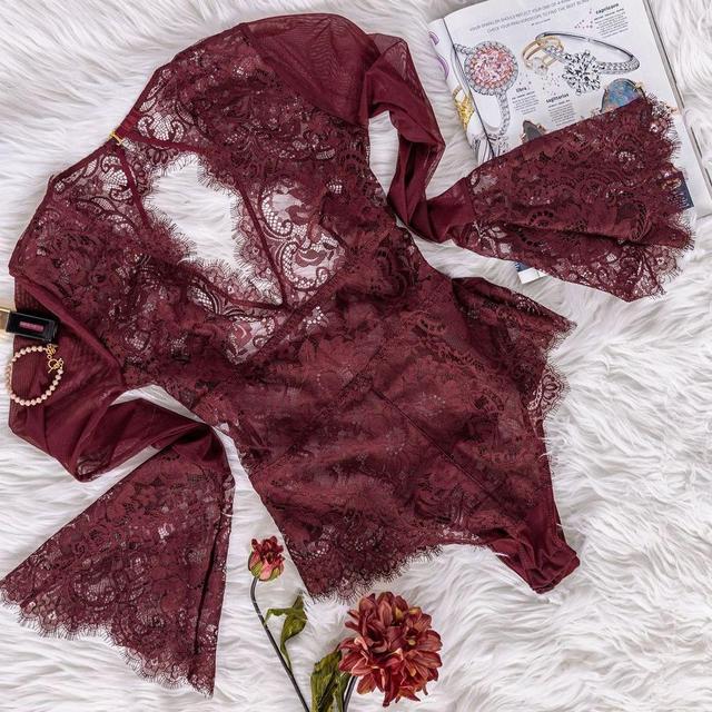 Eyelash Lace Bell Sleeve Teddy - Burgundy