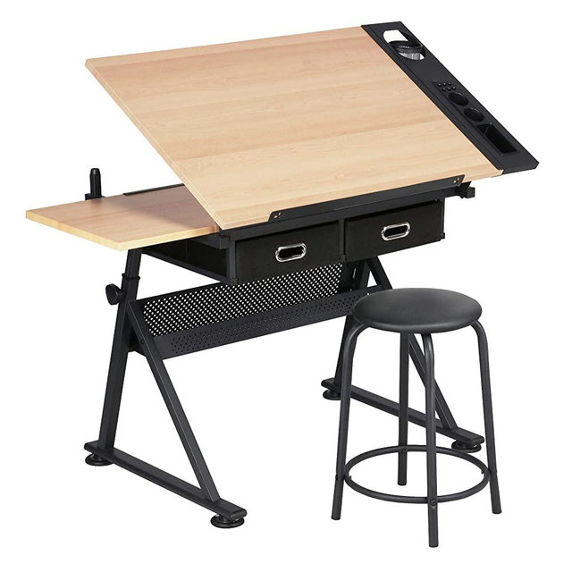 YAHEETECH Height Adjustable Drafting Table Drawing Table Artist Desk Tilted Tabletop Art Craft Desk Watercolor Paintings Sketching Work Station w/2 Storage Drawers and Stool for Home Office
