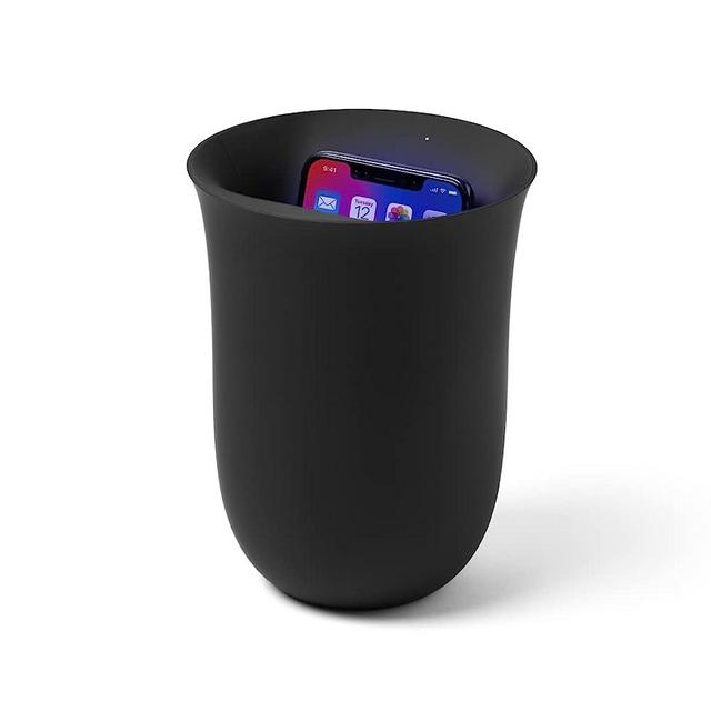 Lexon OBLIO Wireless Phone Charger with UV Light Sanitizer, QI Certified Fast Charging Station 10W and clinically Proven Cell Phone Cleaner, Compatible with iPhone & Android, Unique Design - Black
