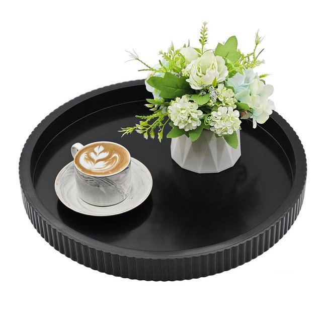 Carah & Cossh Round Wooden Serving Tray, Black Round Decorative Wood Tray, Modern Decorative Tray, Perfect for Storage and Display (Black B)