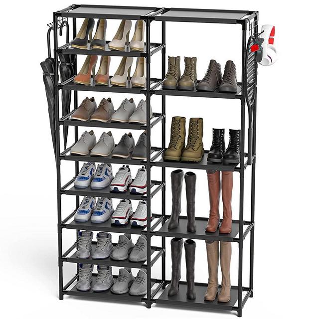 CSXGBAB Tall Shoe Rack, Shoe Rack Tall Organizer Metal Easy to Assemble, Garage Shoe Rack Racks Sturdy-Large Shoe Rack With Two Rows Versatile Hooks, 9 Tiers Boot Shoe Shelf Shelves Black 24-35 Pairs
