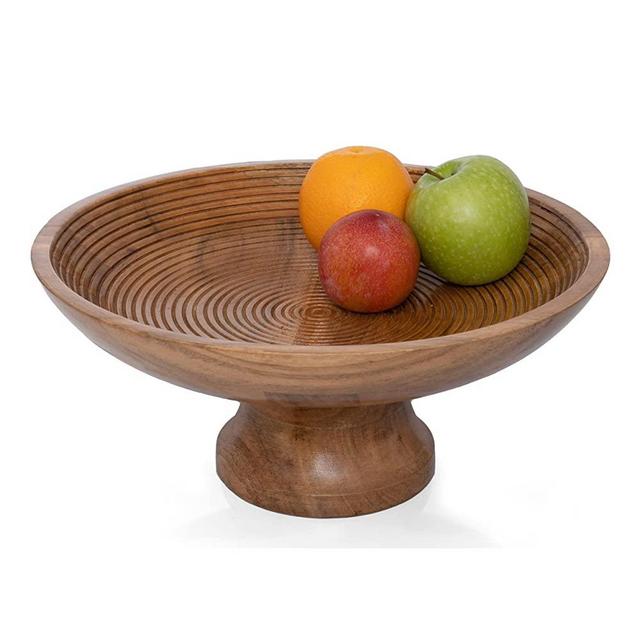 Folkulture Wood Fruit Bowl or Rustic Fruit Bowls for Farmhouse Décor, Fruit Bowl for Kitchen Counter or Decorative Pedestal Bowl, 12-inch Large Fruit Bowl Wood for Serving, Acacia Wood, Natural