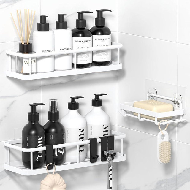 YASONIC Shower Caddy Adhesive, No Drill Bathroom Shower Organizers, with Removable Hooks and Soap Holder, Rust Proof Shower Shelves, Wall-Mounted Shower Holder, White, 3 Pack, YS-K-419E
