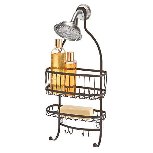 iDesign York Metal Wire Hanging Shower Caddy, Extra Wide Space for Shampoo, Conditioner, and Soap with Hooks for Razors, Towels, and More, 9.75" x 4" x 22", Bronze