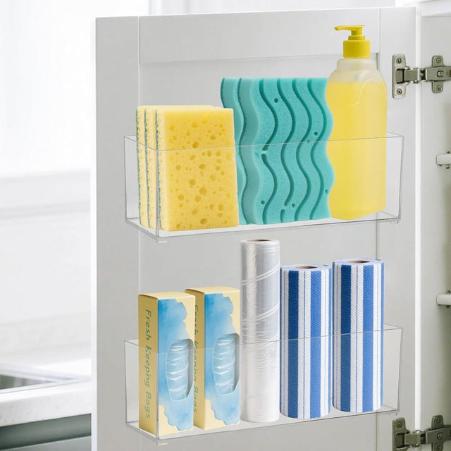 Rainmae 2 Pack Kitchen Cabinet Door Organizer, Wall Mounted Cabinet Door Plastic Storage Box Stackable Under Sink Lunchbox Lid Container with Adhesive Pad for Kitchen Bathroom Office Organization