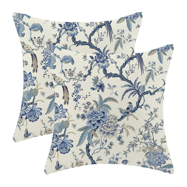 CXMEIFLY Spring Floral Birds Pillow Covers 22 x 22 Inch Set of 2 for Chinoiserie Flowers Decor Throw Pillows Blue and White Plant Outdoor Decorative Cushion Cases for Couch Bed Decorations