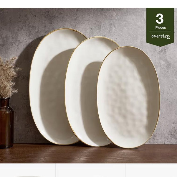 famiware Serving Platter, Oval 15.59/14.3/12.9inch Serving Dishes for Entertaining, Serving Bowls, Microwave Safe, Stoneware Serving Trays for Party, Food, Turkey, Cheese, Ocean Series, Vanilla White