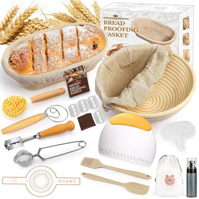 Banneton Bread Proofing Basket, Sourdough Bread Baking Supplies Kit, 10" Oval & 9" Round Banneton Baskets, Sourdough Basket Starter Set with Brush, Oil Can, Dough Whisk, Sling
