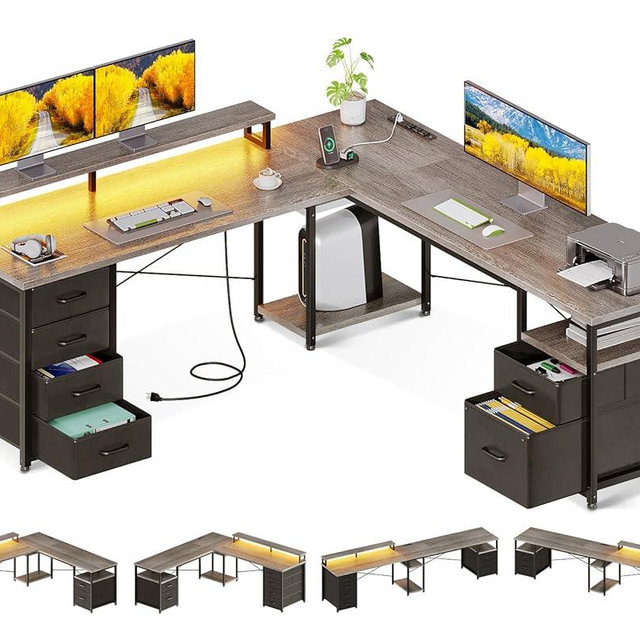 AODK 66" L Shaped Desk, 113" Computer Desk with File Cabinet & 4 Fabric Drawers, Home Office Desk with Monitor Shelf & Power Outlet, Two Person Desk or Corner Desk, Gaming Table with LED Light, Grey