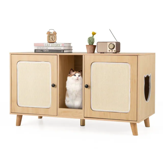 Costway 43" Cat Litter Box Enclosure for 2 Cats w/ Double Rooms 2 Sisal Scratching Mats Natural