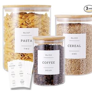 3 Pcs Glass Canisters with Airtight Bamboo Lids and 42 Kitchen Pantry Labels Preprinted - Clear Glass Flour and Sugar Storage Container Set - Large Glass Jars with Wood Lids(100 OZ/54 OZ/27 OZ)