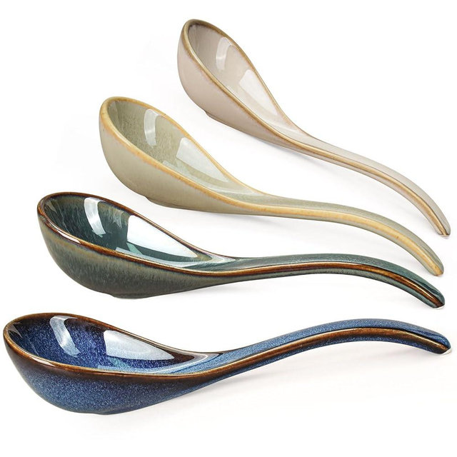 Artena Chinese Soup Spoons, Ceramic Asian Spoons with Deep Arc Anti-Roll Design, 6.85 Inch Set of 4, Perfect for Ramen, Pho, Wonton Soup as Japanese Soup Spoon, Korean Spoon (Earth Tones)