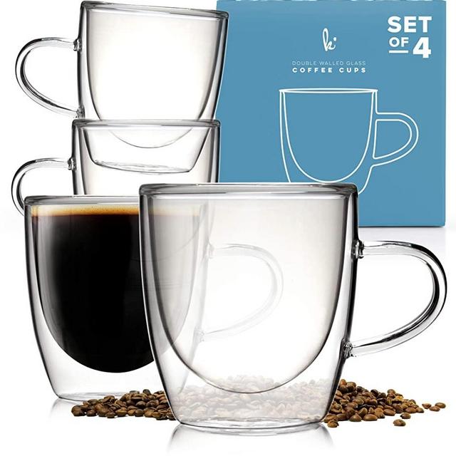 Glass Coffee or Tea Cups Drinking Glasses Set of 4-5oz Double Walled Thermo Insulated Mugs with Handle for Espresso Latte Cappuccino