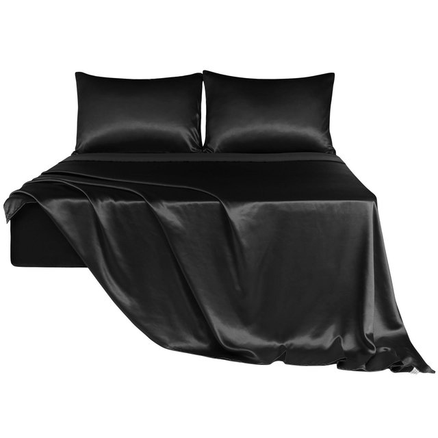 PiccoCasa Satin Polyester with 2 Envelope Pillowcases Elastic Deep Pocket Fitted Sheet Set 4 Pcs Black King