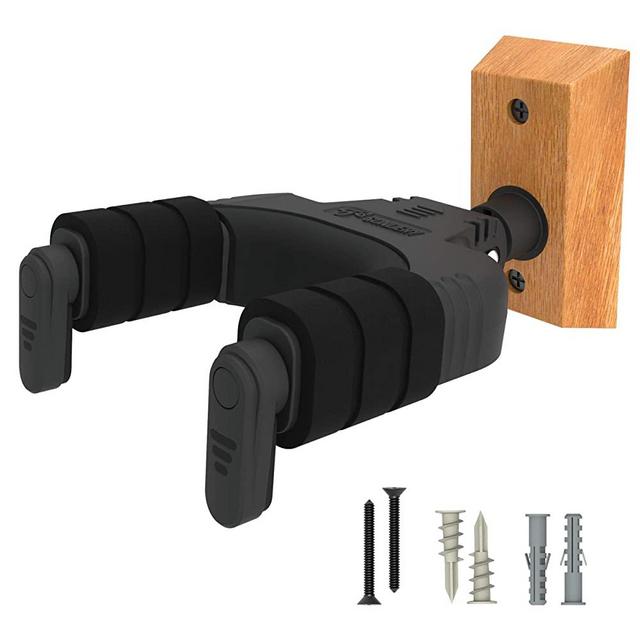 Guitar Wall Hanger Mount Stand for Acoustic and Electric Guitar, Ukulele, Bass, Banjo and Mandolin, Sondery Auto Lock Hook Holder with Real Wood Base and Black Cradle for Instrument Display