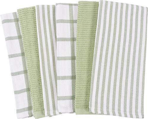Mixed Flat & Terry Kitchen Towels | Two Sets of 3 18 x 28 Inches | 4 Flat Weave Towels for Cooking and Drying Dishes and 2 Terry Towels, for House Cleaning and Tackling Messes and Spills (Sage)
