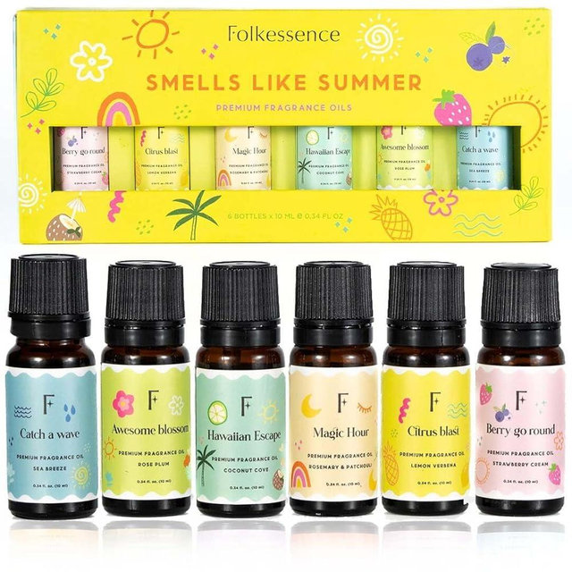 Folkulture Summer Essential Oil Set of 6 | Lemon Essential Oils for Diffusers for Home, Humidifiers, Aromatherapy | Citrus, Coconut, Fragrance Oil for Diffuser, Candle, Soap Making - Summer Vibes