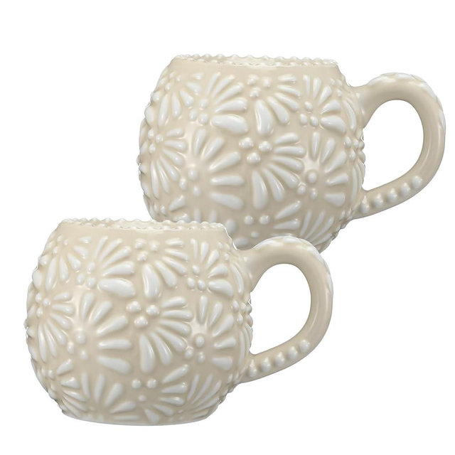 LemonRoad 2 Pack Mexican Pottery Mugs Mexican Coffee Mugs Ceramic Cups Parties Gifts for Drinking Coffee Hot Chocolate Agua De Horchata Cafe De Olla Pozole Champurrado Atole White Talavera Design 12oz
