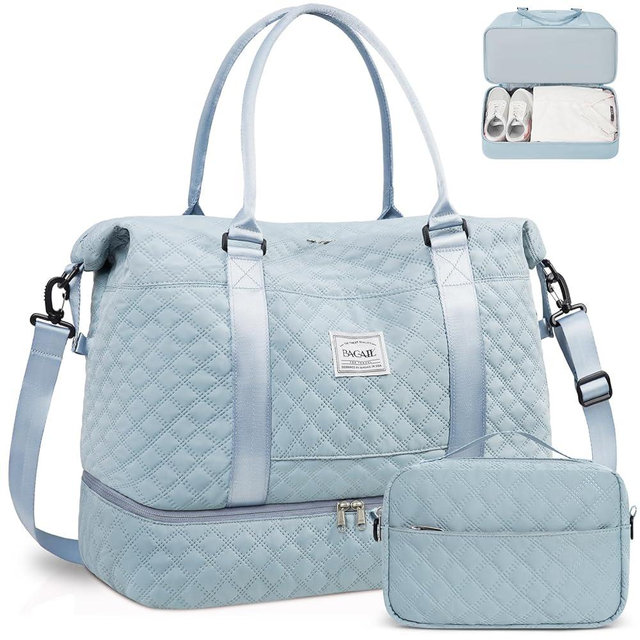 BAGAIL Extra Large Light Blue Duffel Bag, Weekender, Overnight, Gym, Carry On, Hospital, Mom Bag with Wet Pocket, Waterproof, Multiple Compartments, Adjustable Shoulder Straps, Airplane Friendly