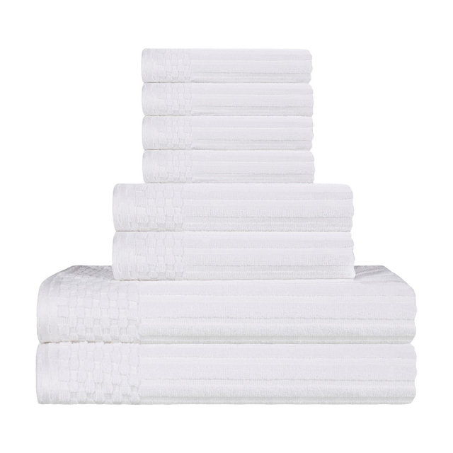 Cotton Highly Absorbent 8-Piece Solid and Checkered Border Towel Set, White - Blue Nile Mills