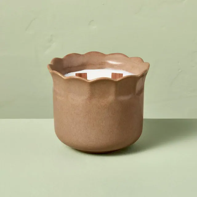 2 Wooden Wick Ceramic Scalloped Rim Salted Honey Jar Candle 11oz - Hearth & Hand™ with Magnolia