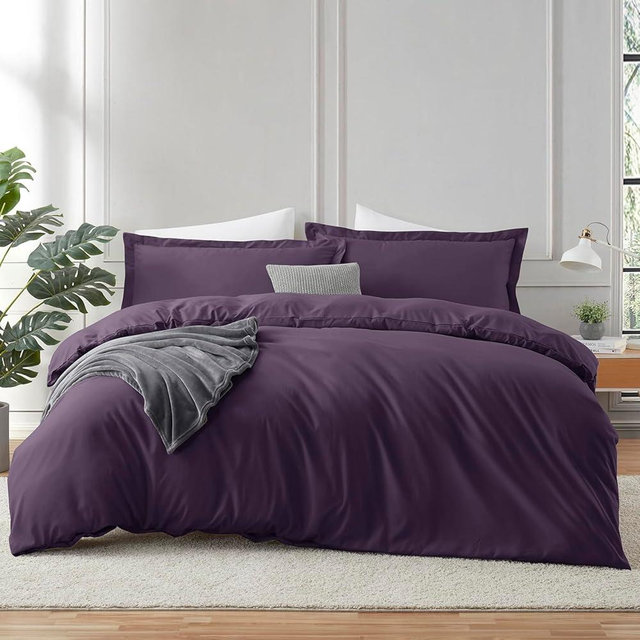 Hearth & Harbor Purple Duvet Cover King Size - 3 Piece Soft Double Brushed Bedding Set - Includes 1 King Duvet Cover with Button Closure 104x90 inches and 2 Pillow Shams