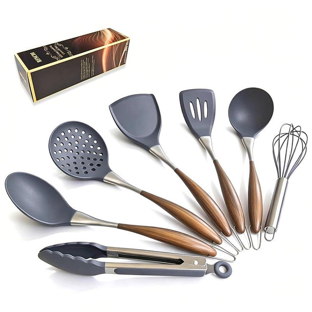 RFSCDI Silicone Cooking Utensil Set 7-Piece, Heat Resistant Kitchen Utensils Set Non-Stick with Wood Grain Handle, BPA-Free Spatula Set Dishwasher Safe (Space Gray)