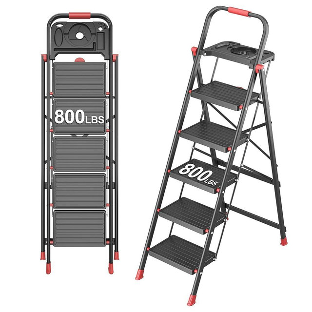 5 Step Foldable Step Ladder with Mutifunctional Tool Tray, Platform Ladders Stepstools, Step Stool 5 Step Folding with Non-Slip Pedals, 800lbs Bearing Capacity for Adults, Home, Kitchen, Black Red