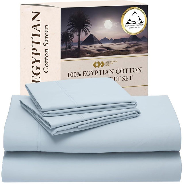 California Design Den Deep Pocket King Sheet Set - Certified Authentic 100% Egyptian Cotton Sheets, Soft Sateen, Deep Pockets with Gripper Elastic, Breathable and Durable Luxury Bedding - Light Blue