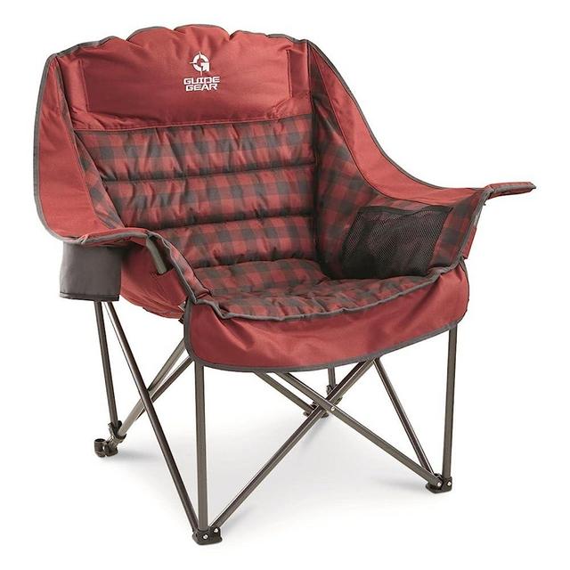 Guide Gear Oversized XL Padded Camping Chair, Portable, Folding, Large Camp Lounge Chairs for Outdoor, Adults, Men and Women, Heavy-Duty 400-lb. Capacity, with Cup Holder, Red Plaid
