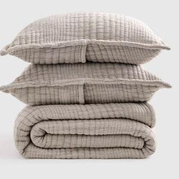 Taupe Organic Cotton Channel Stitch Coverlet Set in Taupe - King/Cal King
