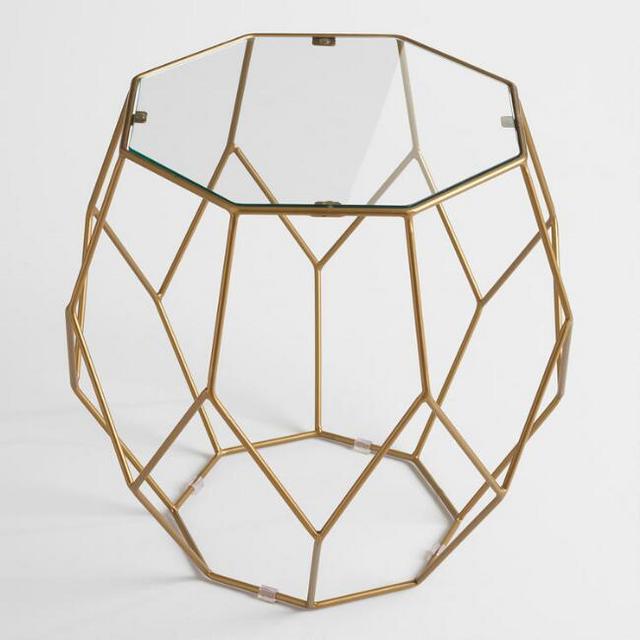 Antique Gold Faceted Accent Table with Glass Top