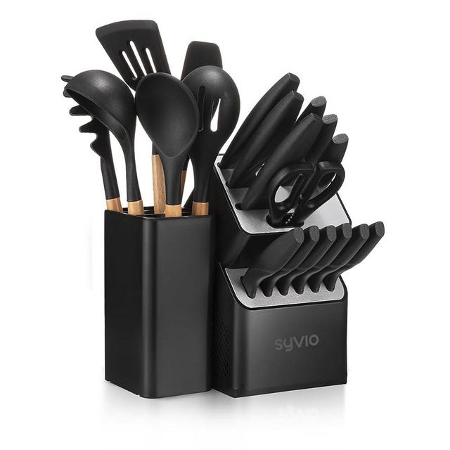 syvio Knife Set, 21-in-1 Kitchen Set Black with 12PCS Kitchen Knife Set, 6PCS Cooking Utensils Set, 1PCS Utensil Holder, Kitchen Scissors and Ventilated Knife Block with Built-in Sharpener