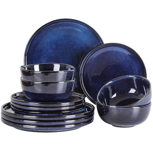 Vicrays Ceramic 12 Pieces Dinnerware Set - Dinner Plates Salad Plates Cereal Bowls Set Service for 4 - Scratch Resistant Microwave Oven Dishwasher Safe - Blue