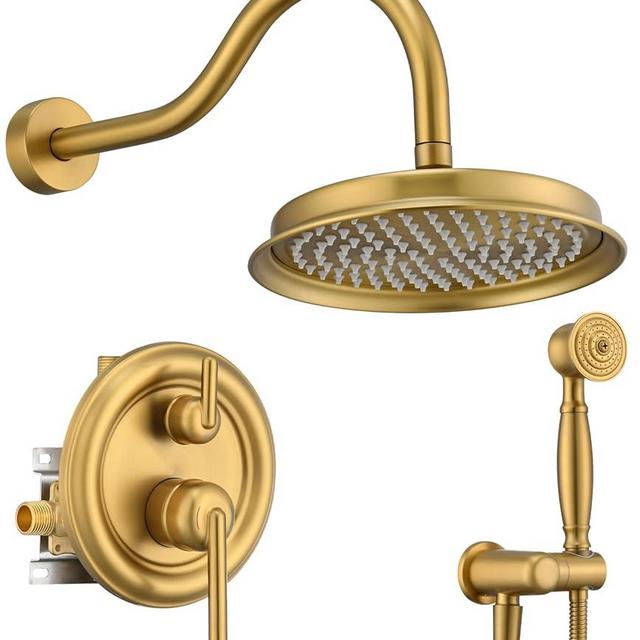 Wintap Antique Rainfall Shower System Bathroom Luxury Rain Mixer Shower Combo Set with Pressure Balance Valve Shower Faucet Set with Rain Shower Head and Vintage Handheld Spray 9 inch Brushed Gold