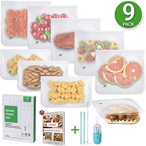 Reusable Storage Bags Food Grade - BPA-Free Extra THICK 9 Pack Baggies | 6 Reusable Sandwich Bags, Silicone Straw Set & 3 Reusable Snack Bags for Kids Lunch Bags, Marinate Food & Freezer Organization