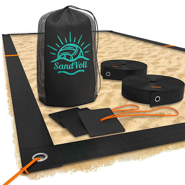SandVoll Beach Volleyball Lines for Sand - Portable 2 inch Boundary Lines Set for Outdoor + Sand Anchors and Net Bag. Official Court Size Dimensions (26.3' x 52.6')