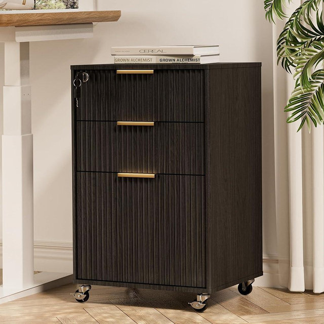 3 Drawers Fluted Mobile File Cabinet with Lock, Rolling File Cabinet Printer Stand Table, Under Desk Wooden Filing Cabinets for Home Office Essentials Storage Organization Furniture Letters/A4(Black)