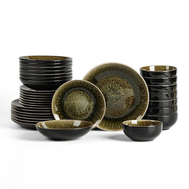 Stone Lain Riley 32-Piece Dinnerware Set Stoneware, Plates and Bowls Set, Dishwasher and Microwave Safe, Dish Set for 8, Black and Green