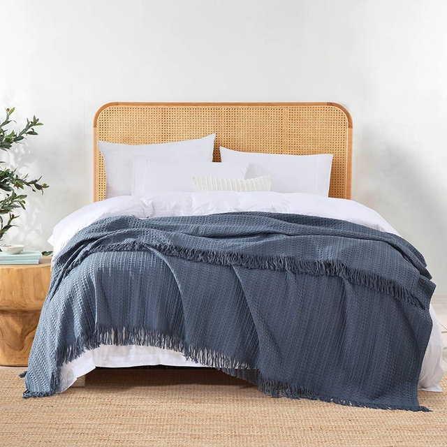100% Cotton Waffle Queen Blanket with Fringe, Pre-Washed Waffle Weave Blanket for All Season, Lightweight Breathable Soft Cozy Throw Blanket for Couch, Bed, Travel (Blue - 90x90 Inches)
