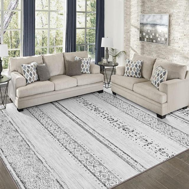 8x10 Area Rugs for Living Room Bedroom: Large Machine Washable Rug with Non-Slip Backing Non Shedding Stain Resistant, Soft Geometric Moroccan Carpet for Dining Room Nursery Home Office - Gray/Ivory