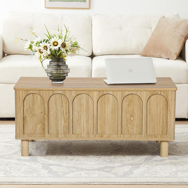 YUCHIATH Lift Top Coffee Table with Arched Finish, Modern Coffee Table with Lifting Tabletop & Hidden Storage, Wood Center Table for Living Room,Convenient for Dining, Gaming or Working (Natural)