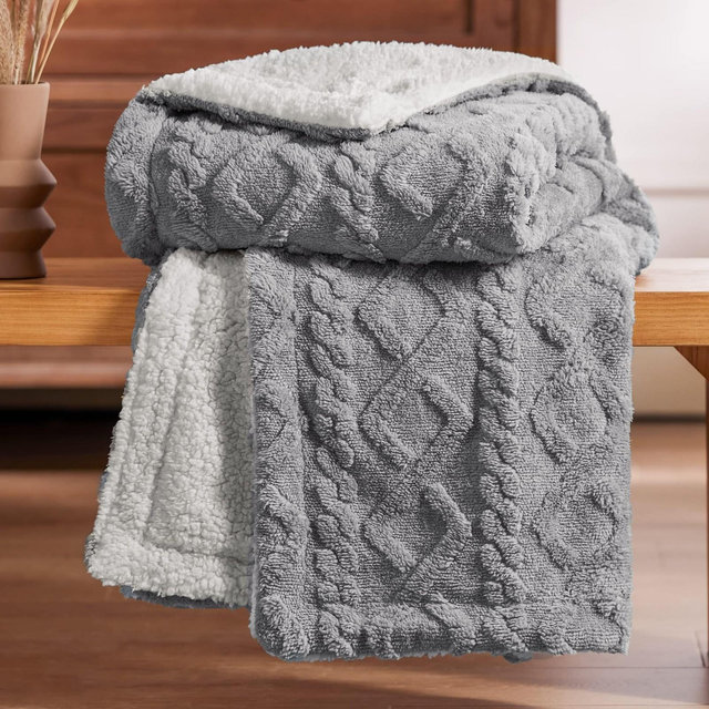 Faux Fleece Jacquard Thick Fuzzy Throw Blanket Twin Size Grey - Bedsure