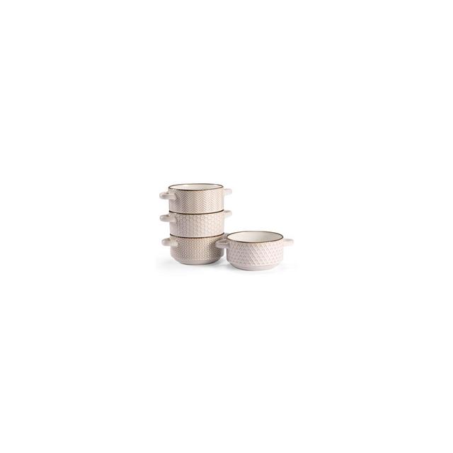 Ceramic Soup Bowls with Handles, 26.5 oz, Set of 4, Cream/Copper, Narbonne Collection