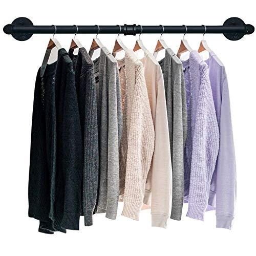 TLBTEK 36inch Industrial Pipe Clothes Rack,Heavy Duty Rustic Clothes Hanging Shelves System,Wall Mounted Detachable Black Iron Metal Garment Bar for Retail Display,Closet Organization